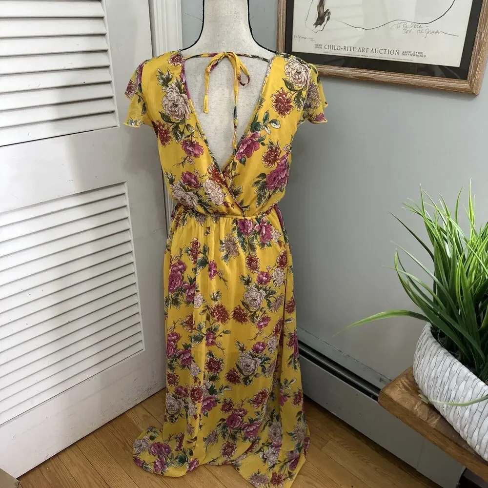 Band of Gypsies Dress Medium Yellow Floral Maxi Faux Wrap Garden Party Fairy - Picture 6 of 12